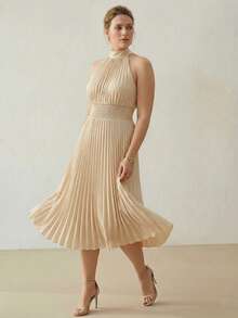 MOTF PREMIUM PLUS SIZE SOLID HALTER TIE BACK SHIRRED WAIST PLEATED DRESS - Apricot - View 2