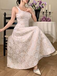 DAZY Women's Elegant Floral Print Sleeveless Dress With Square Neckline, Summer - Apricot - View 7