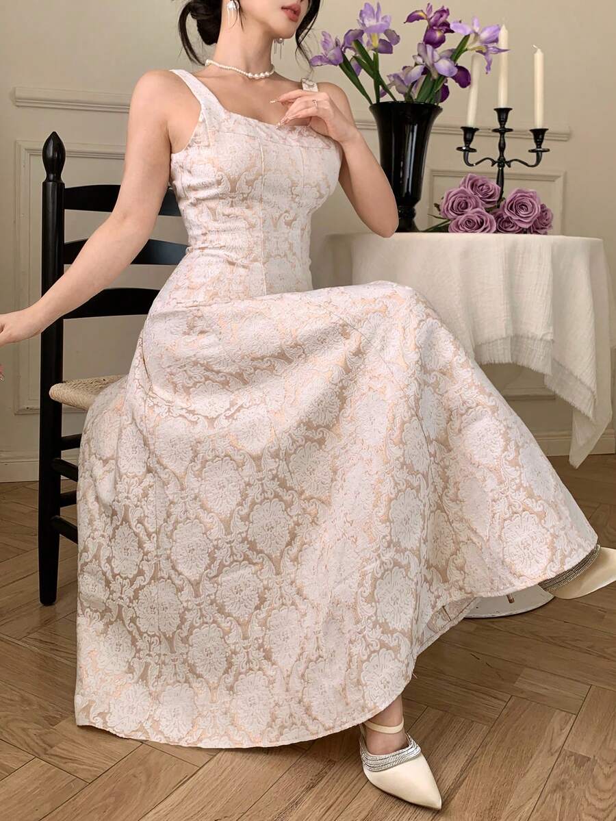 DAZY 女士优雅印花无袖连衣裙，方领设计，夏季 - 杏色 - 查看 1