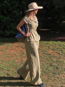 Livesso Women's Collared Sleeveless Waist Cinched Outdoor Top And Casual Pants 2 Pieces Set - Khaki - View 5