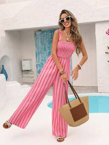 Vivid Eden 女士度假条纹阔腿连体裤 - 粉色 - 查看 5