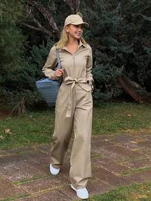 Livesso Women's Casual Denim Jumpsuit With Collar, Tie Waist - Beige - View 4