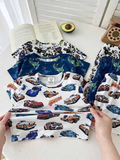 SHEIN 6pcs Baby Boy Snug Toddler Boy Cutecore Fit Snug Fit Graphic Print Short Sleeve Shorts Pajama Set, Summer Knit Tight Sleepwear,Spring To Summer