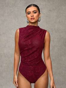 SHEIN BAE 黑色蕾丝无袖露肩褶皱连体衣，秋季，万圣节 - 酒紅色 - 查看 3