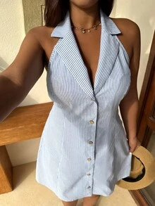 SHEIN EZwear Đầm không tay kẻ sọc cỡ lớn dành cho nữ, đầm kẻ sọc bằng vải lanh, trang phục mùa thu dành cho nữ, trang phục giáo viên phong cách retro, trang phục công sở dành cho nữ, trang phục giáo viên, trang phục đi làm, phong cách công sở đơn giản retro, 100% cotton, đầm hè dành cho nữ, đầm mùa hè dành cho nữ, trang phục công sở thường ngày dành cho nữ. - Xanh và trắng - Xem 6