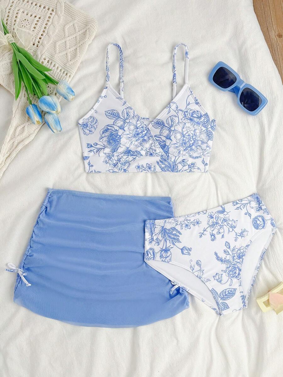 SHEIN 少女撞色印花泳衣套装 夏季两件套 度假套装 女童夏季两件套 夏季两件套 春季两件套 可爱两件套 春夏精选套装 夏季黄色吊带背心 黄色短裤 荷叶边夏季泳装 印花比基尼 蓝色比基尼套装 泳裙两件套泳装 高腰比基尼 裙式比基尼