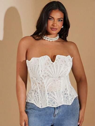 SHEIN BAE Plus Size Women's Fishbone Bralette, Tie-Up, Y2K Cropped Camisole, Suitable For Early Autumn, Spring/Summer, Summer Tops