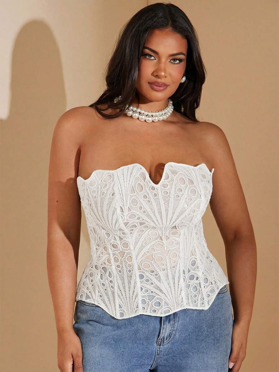 SHEIN BAE 大码女式鱼骨纹系带露脐吊带背心，Y2K风格，适合初秋、春夏穿着 - 白色 - 查看 1