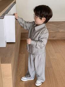 DAZY Toddler Boys' Fashion Shirt Set, Korean Style Casual Outfit, Grey, Lightweight Shirt Top And Wide Leg Pants 2-Piece Set, Spring/Summer/Autumn - Dark Grey - View 7
