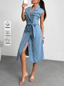 EURMUSE Button Up Front Denim 100%Cotton Dress Daily Wear - Light Wash - View 6