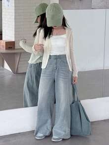 Dazy Kids Tween Girls' Casual Washed High Waist Wide Leg Jeans