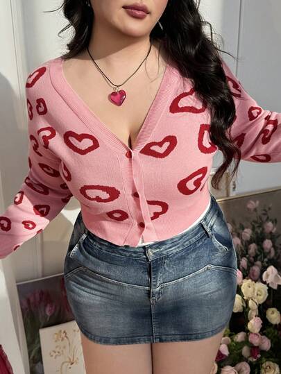 CovetEZ Cárdigan informal rosa con corazón talla grande para el Día de San Valentín