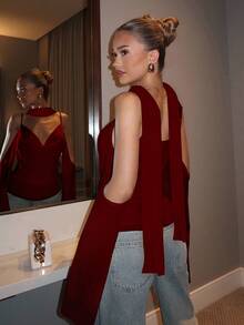 Glamine Charm Choker Neck Cold Shoulder Draped Front Ruched Top Fall Women Clothes Back To School - Burgundy - View 4