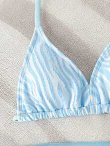 SHEIN 1件装女童蓝白碎花图案舒适针织泳衣套装，适合海滩、泳池、海洋、冲浪、度假、夏季、旅行 - 藍白色 - 查看 3