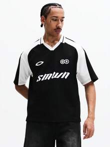 SUMWON Men's V-Neck Short Sleeve Soccer Jersey Style Polo Shirt With Color Block Panel Design Casual - Black - View 1