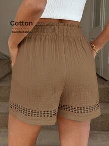 Easowa Quần short nữ màu kaki phối vải cotton, cạp chun, thích hợp cho mùa xuân/hè. - màu nâu - Xem 2