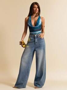 SHEIN BAE Áo tank top hở lưng cổ chữ V màu xanh dương, áo hai dây ôm sát, kiểu dáng bohemian gợi cảm và thanh lịch, thích hợp cho kỳ nghỉ biển. - Màu xanh lam - Xem 5