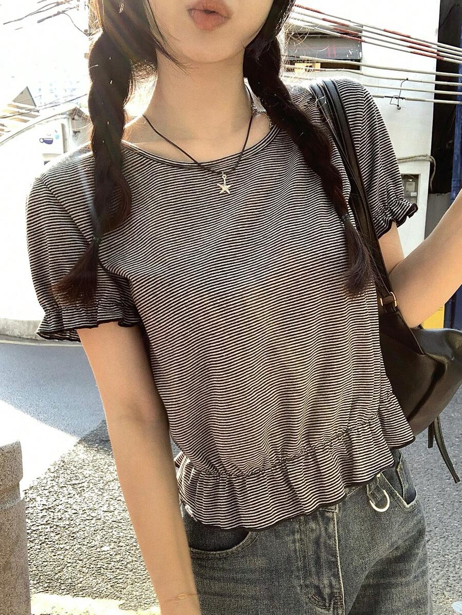 DAZY Women's Casual Round Neck Striped T-Shirt, Suitable For Spring And Summer - Grey - View 1