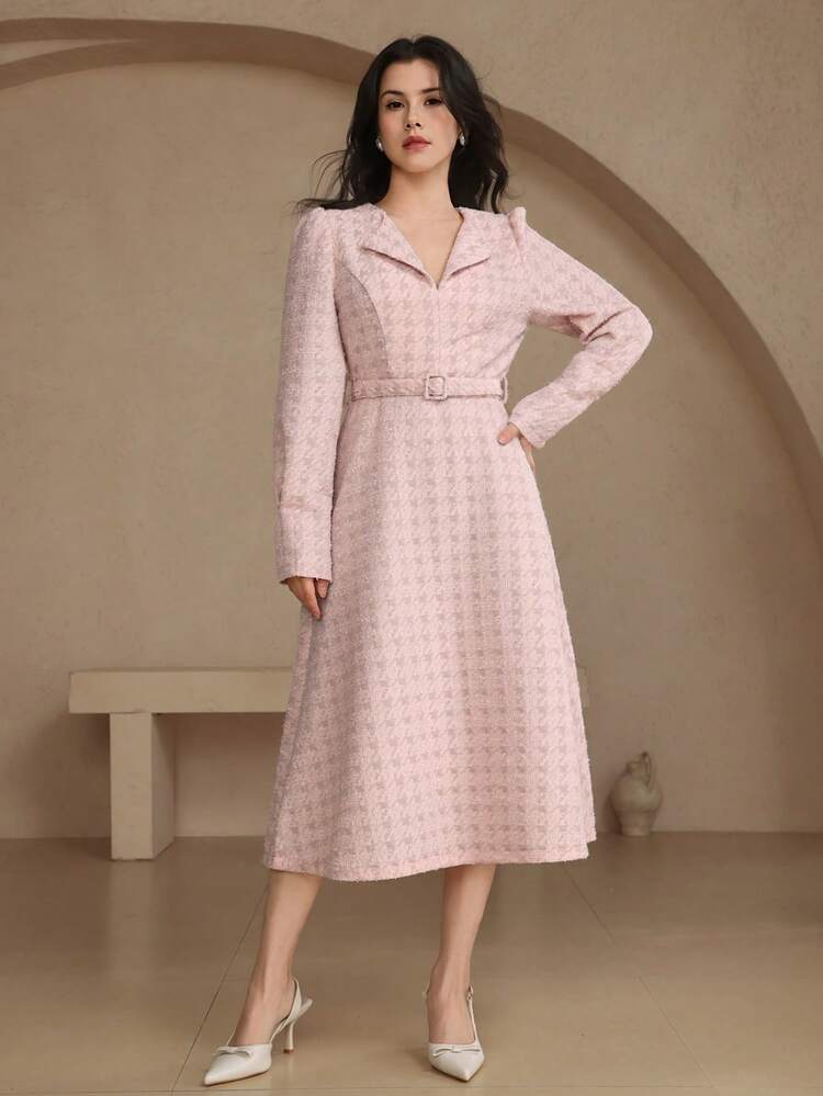 Spring/Summer Elegant Houndstooth Print Long Sleeve Midi Dress, Suitable For Valentine's Day, Wedding, Party, Formal Occasion, Commute Sundress