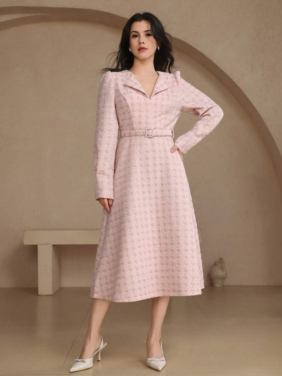 Spring/Summer Elegant Houndstooth Print Long Sleeve Midi Dress, Suitable For Valentine's Day, Wedding, Party, Formal Occasion, Commute Sundress