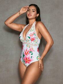 Shapewave 女士连体泳衣，百合花图案，性感露背系带，收腹塑形，夏季海滩度假 - 彩色 - 查看 7