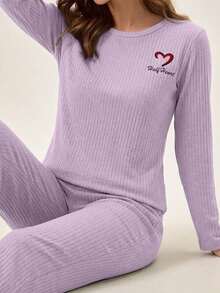 EURMUSE 100%Cotton Letter Embroidery Ribbed Knit Lounge Set - Lilac Purple - View 4