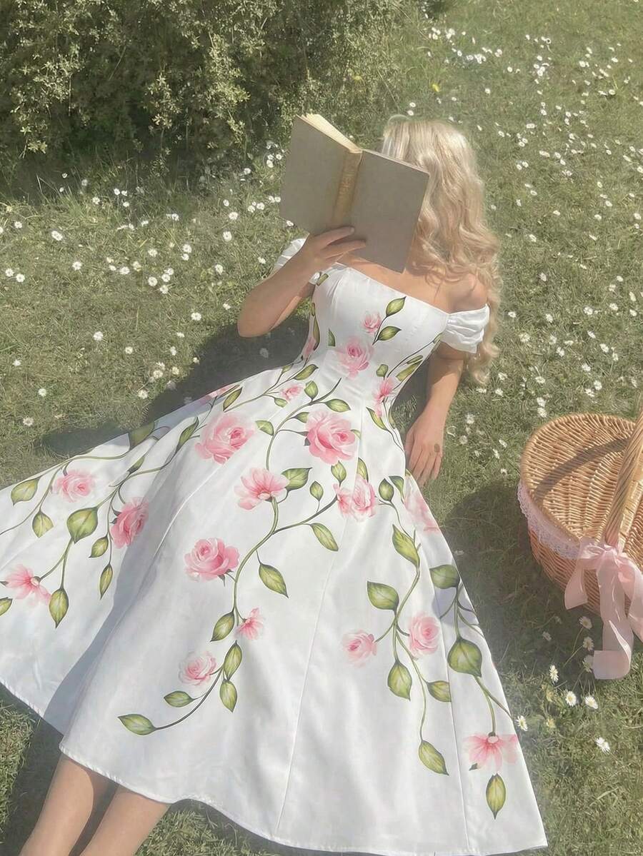 SHEIN MOD 女士优雅露肩印花连衣裙 - 白色 - 查看 1