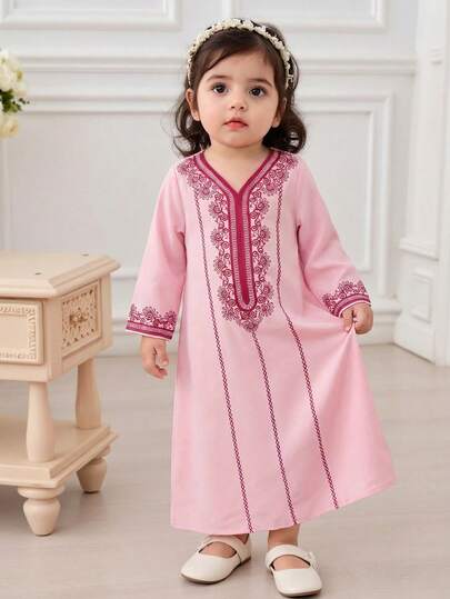 SHEIN Rosa mönstrad V-ringad långärmad klänning för babyflickor, traditionella arabiska kläder, Jalabiya, Abaya