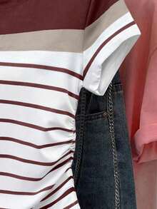 少女条纹印花修身腰部T恤，休闲套装 - 彩色 - 查看 3