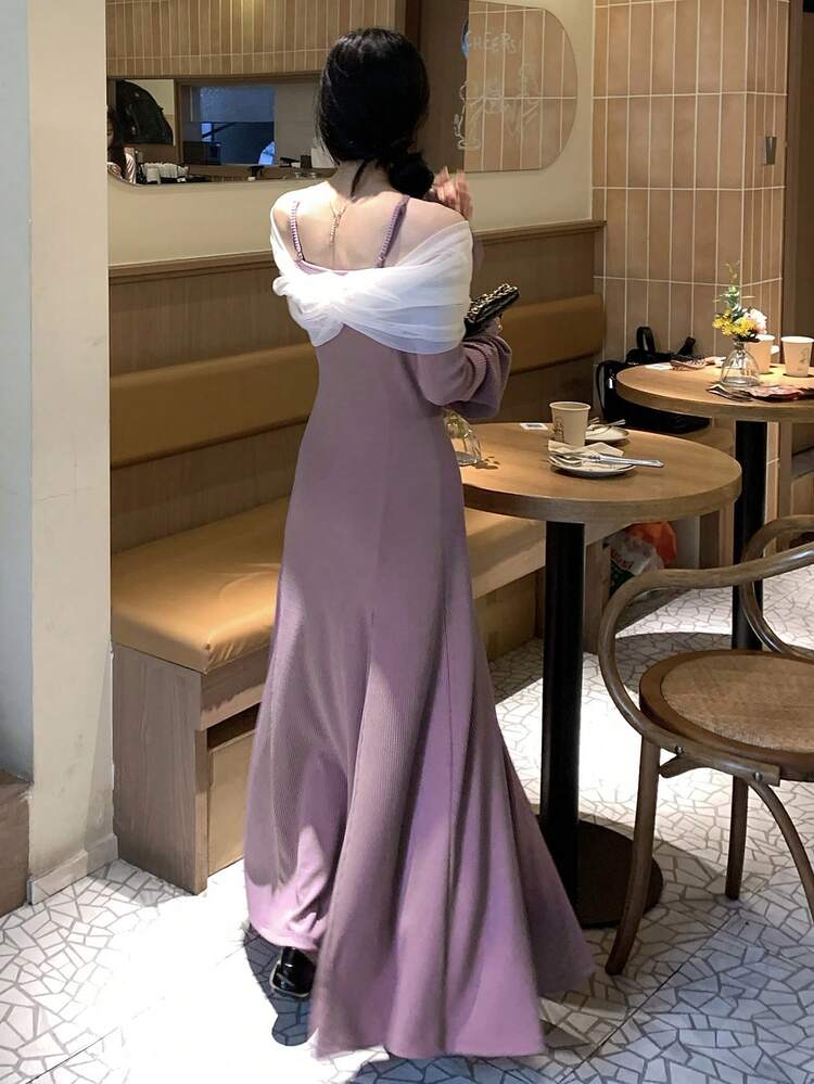 Women's Color Block Mesh Patchwork Off Shoulder Dress Sundress