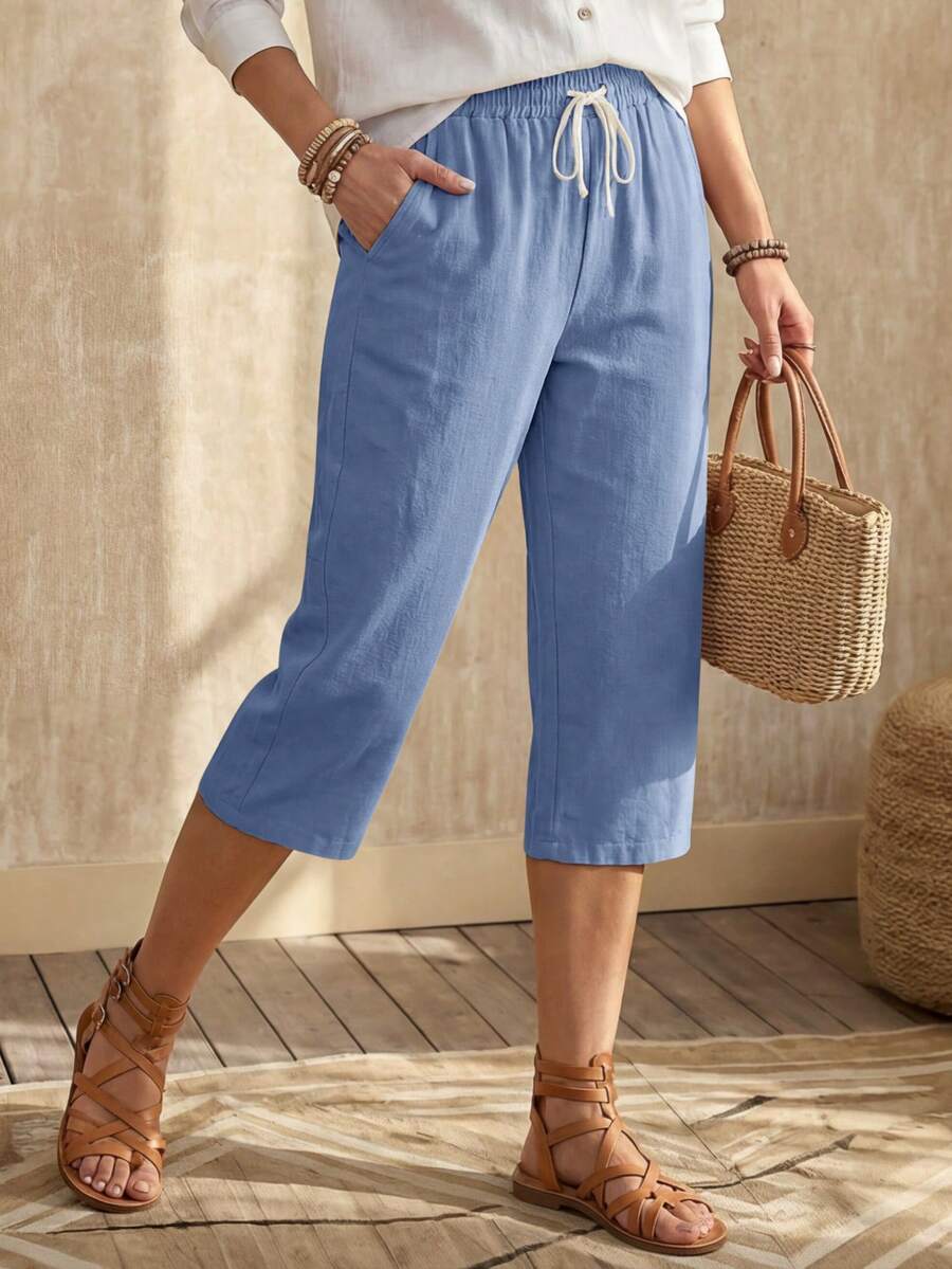 EMERY ROSE Pantalones capri casuales de mujer de unicolor con cordón en la cintura y bolsillos - Lavado ligero - Ver 1