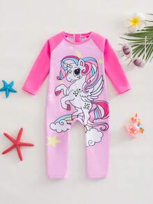 SHEIN Sparklyn Adorable Unicorn Print Long-Sleeved And Long-Legged Swimsuit For Baby Girls, Available In Pink And Fuchsia Colors. Perfect For Summer And Vacation Wear, This Toddler Beachwear Set Also Includes Sun Protection Options. Features Include Unicorn Print, Long Sleeves, And Cartoon Print. - Hot Pink - View 9