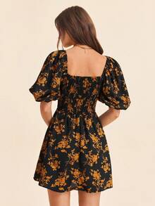 Coeurva Floral Print Sweetheart Neck Puff Sleeve Summer Dress