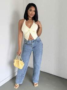 Alexandranx Fashionable Sexy Halter Tie-Up Twisted Hem Slit Open Back Camisole - Yellow - View 1