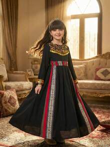 Tween Girl Black Autumn Boho Wedding Guest Dress Luxurious Retro Floral Gold Sequins Round Neck Elastic Waist Festive Occasion Luxurious Design - Black - View 8