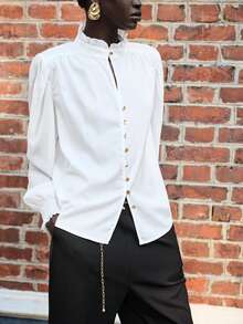 Lumivelle Women's Chiffon Long Sleeve Shirt,White,Autumn,Elegant,Office,Ruffle Collar And Cuffs,Metal Buckle Decoration,Casual Premium Minimalist Blouse - White - View 2
