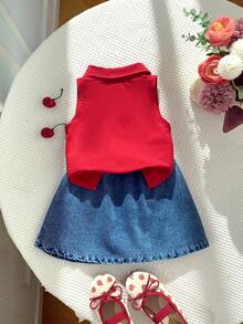 女婴针织樱桃领背心搭配牛仔樱桃刺绣百褶裙套装，时尚甜美可爱童装 - 紅色 - 查看 2