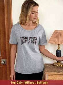 SHEIN Doze Lane Women's Casual Letter Print Round Neck Short Sleeve Sleepwear Top - Grey - View 2