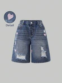 SHEIN Quần short denim dáng rộng, cạp chun, màu xanh bạc phai, thêu hình ngôi sao, phong cách đường phố Y2K dành cho bé gái tuổi teen. - Rửa trung bình - Xem 8