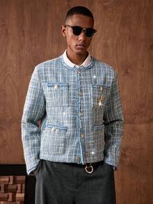 AKNOTIC Business Casual 男士格子印花前扣口袋长袖开衫外套 - 淺藍色 - 查看 5