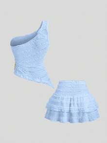 Sweetra Sexy Outfit - Asymmetrical Shoulder Top + Peplum Mini Skirt - Blue - View 2