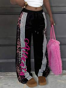 Rovax Quần ống rộng kẻ sọc và họa tiết da báo cỡ lớn, kiểu dáng thường ngày, có túi xéo. - màu đen - Xem 3