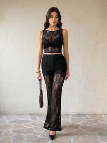 SHEIN Tall Black Top + Pants Set Lace Blouse + High-Waisted Flare Lace Knit Pants, Women 2-Piece Set Black Mesh Sheer Lace Jacquard Sexy Party 2-Piece Outfit For Women - Black - View 4