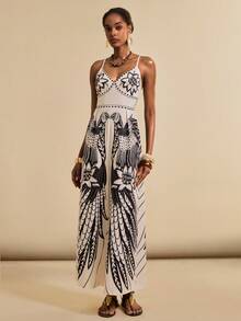 SHEIN Veneréa 女士夏季沙滩V领无袖吊带露背蝴蝶结波西米亚风印花连体裤，搭配阔腿裤 - 彩色 - 查看 6