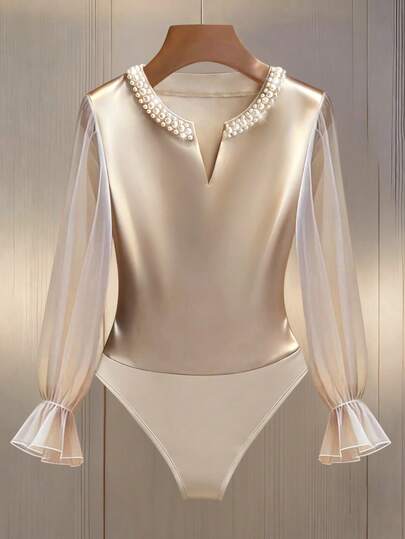 Franclia Body elegante con mangas largas y decoración de perlas para mujer
