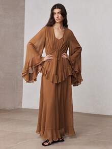 ZEYLAH Elegante vestido romántico con cuello en V, cintura fruncida y volantes en el bajo, para primavera/verano - Marrón - Ver 5