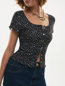 Poéselle 女士碎花单排扣短袖休闲T恤，可爱夏季上衣，黑色上衣，外出上衣，优雅休闲上衣，度假，海滩，适合日常、办公穿着，春夏款 - 黑色 - 查看 2