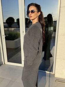 MDEdit 休闲时尚百搭舒适宽松长袖女式开衫两件套家居服套装 女士家居服套装 舒适家居服套装 粉色家居服套装 针织家居服套装 秋冬 - 深灰色 - 查看 4