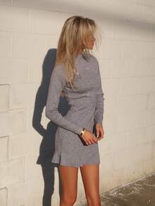 Sydney Algeri 秋冬新款针织镶钻立领长袖修身优雅荷叶边下摆女式毛衣裙 - 灰色 - 查看 6