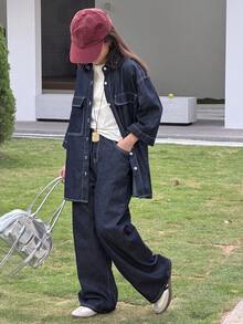 DAZY Girls Denim Jacket And Wide Leg Jeans Set, Tween Girl Fall Outfit - Blue - View 4